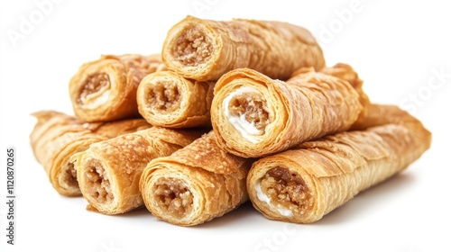 Delicious cream-filled biscuit rolls stacked enticingly against a clean white backdrop ideal for dessert promotion and culinary presentations photo