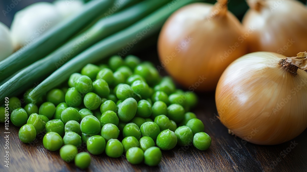 Fresh green peas and onions arranged beautifully on a wooden surface showcasing healthy and vibrant vegetables for culinary use. Fresh green peas and onions arranged beautifully on a wooden surface showcasing healthy and vibrant vegetables for culinary use.