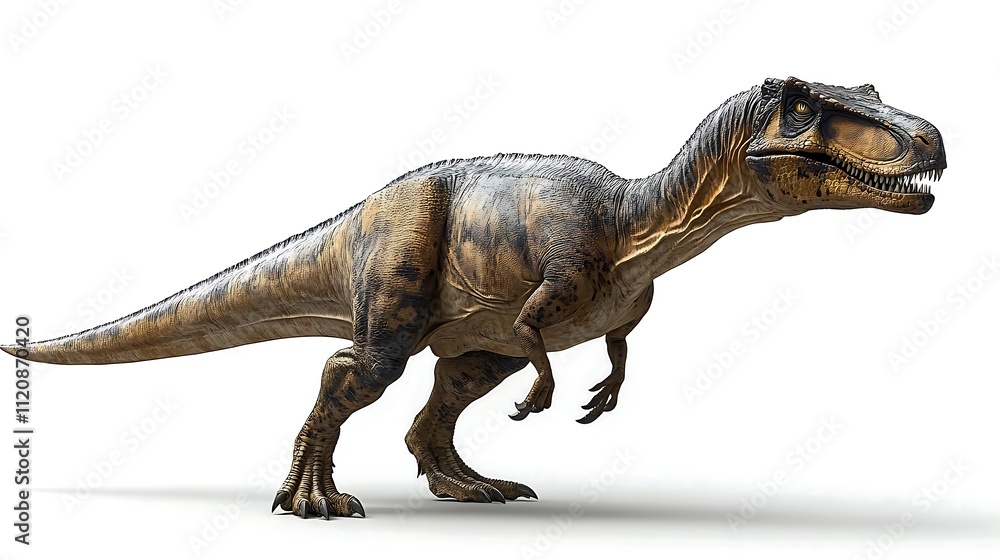 Obraz premium A realistic Tyrannosaurus Rex dinosaur, digitally rendered, isolated on white background.