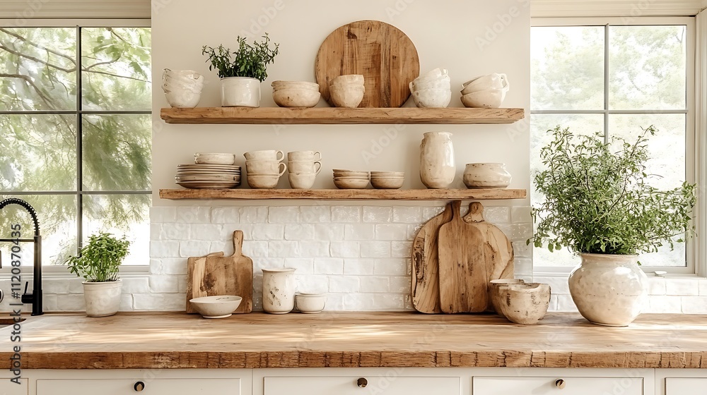 A bright and airy farmhouse kitchen featuring butcher block countertops, glossy white subway tiles, rustic shelves displaying potted herbs and vintage kitchenware, A bright and airy farmhouse kitchen featuring butcher block countertops, glossy white subway tiles, rustic shelves displaying potted herbs and vintage kitchenware,