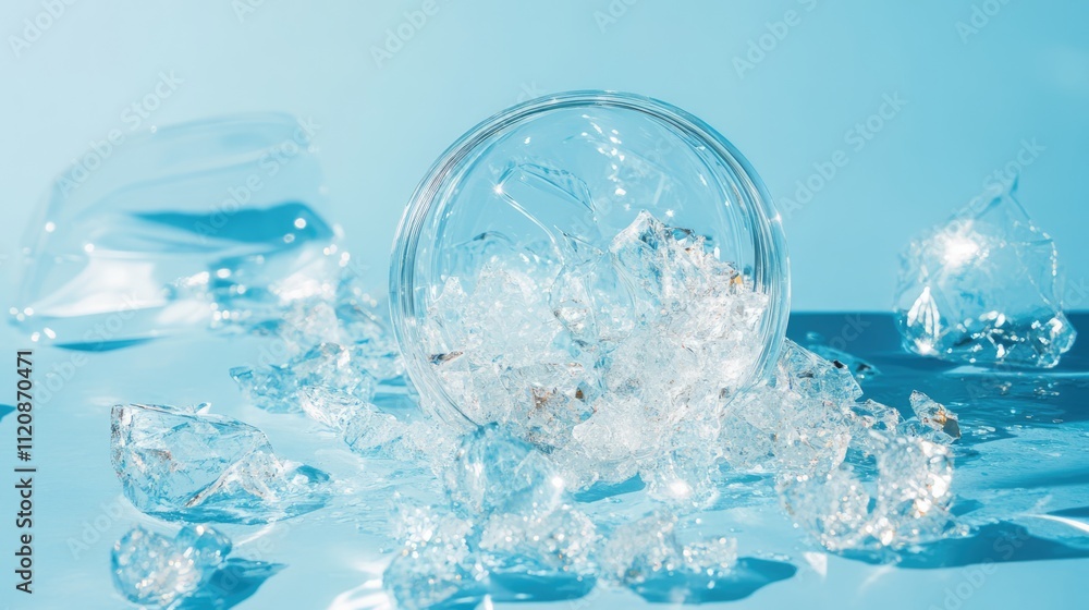 Rotated crushed disposable glass on a blue backdrop with scattered shards and reflections creating an abstract, artistic composition. Rotated crushed disposable glass on a blue backdrop with scattered shards and reflections creating an abstract, artistic composition.