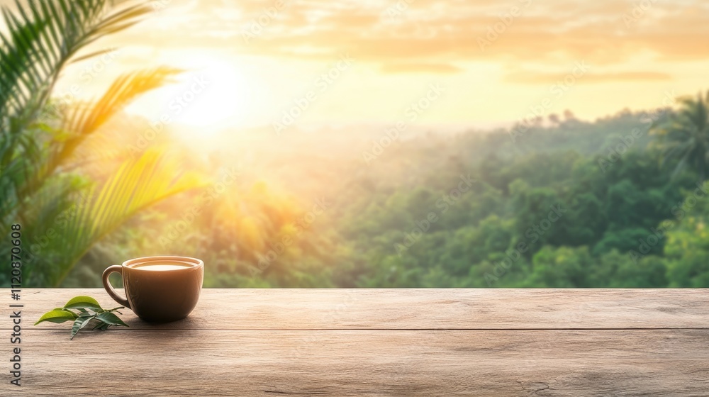Cup of Freshly Brewed Tea with a Scenic Tea Plantation View Cup of Freshly Brewed Tea with a Scenic Tea Plantation View