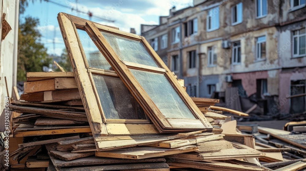 Large pile of discarded old wooden windows stacked against a building undergoing renovation, with selective focus on the windows, construction, urban decay, architectural materials. Large pile of discarded old wooden windows stacked against a building undergoing renovation, with selective focus on the windows, construction, urban decay, architectural materials.
