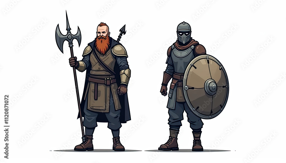 Viking warriors with traditional medieval weapons and shields, in a rugged illustration style. Viking warriors with traditional medieval weapons and shields, in a rugged illustration style.