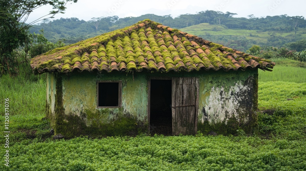 Moss covered dirty tile roof on an abandoned hut surrounded by lush greenery in a rural landscape Moss covered dirty tile roof on an abandoned hut surrounded by lush greenery in a rural landscape