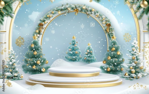 Festive Winter Wonderland Christmas Scene with Elegant Golden Arch and Snowy Christmas Trees photo