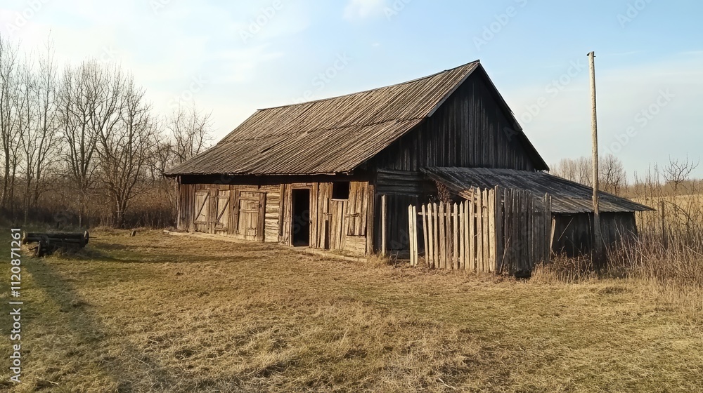 Weathered wooden barn in a rural courtyard, surrounded by fields and trees, showcasing traditional Ukrainian folk architecture, heritage, countryside, rustic charm, pastoral scene. Weathered wooden barn in a rural courtyard, surrounded by fields and trees, showcasing traditional Ukrainian folk architecture, heritage, countryside, rustic charm, pastoral scene.
