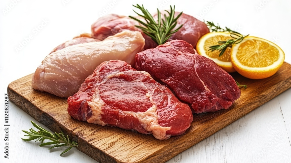 Assorted raw chicken and beef steaks with fresh herbs and citrus on a wooden cutting board ready for cooking or meal preparation Assorted raw chicken and beef steaks with fresh herbs and citrus on a wooden cutting board ready for cooking or meal preparation