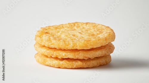 Golden potato patties stacked on a clean white background, emphasizing their crispy texture and round shape, food photography, culinary presentation, snack imagery.