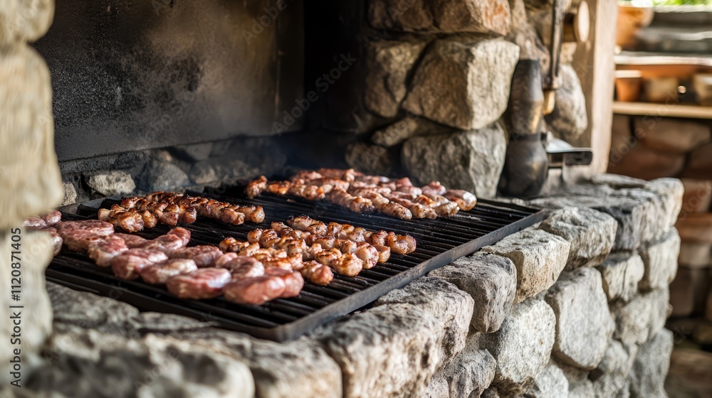 Stone outdoor barbecue grill with sizzling meats on the grill in a rustic setting, perfect for summer gatherings and culinary delights. Stone outdoor barbecue grill with sizzling meats on the grill in a rustic setting, perfect for summer gatherings and culinary delights.