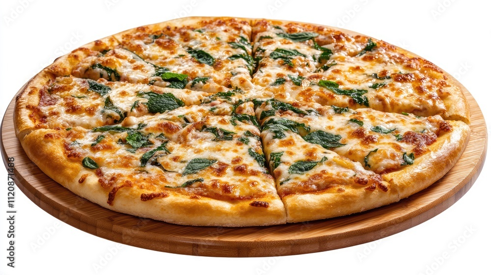 Delicious freshly baked pizza topped with mint leaves served on a wooden board against a clean white background Delicious freshly baked pizza topped with mint leaves served on a wooden board against a clean white background