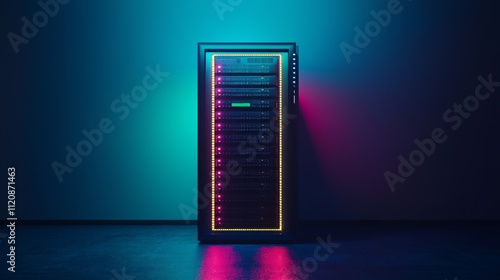 Dedicated Server Rack Standing Alone in a Dark Room for Tech Concept