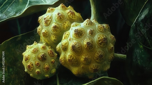 Noni fruit on green leaves with textured skin showcasing natural tropical beauty and health benefits of this superfood fruit. photo