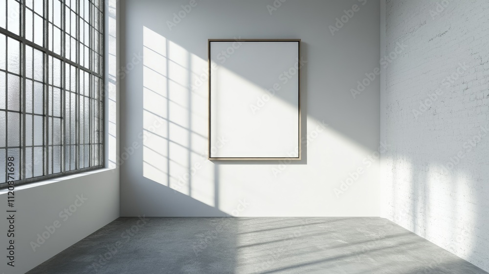 Minimalist interior with mockup poster frame illuminated by natural light and window shadows on the wall and floor in a sleek design. Minimalist interior with mockup poster frame illuminated by natural light and window shadows on the wall and floor in a sleek design.