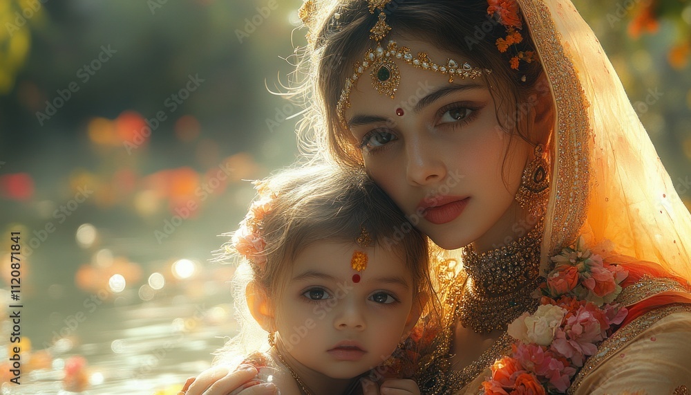 Divine Mother Embracing Child in Traditional Indian Art with Golden Halo and Floral Decorations Divine Mother Embracing Child in Traditional Indian Art with Golden Halo and Floral Decorations