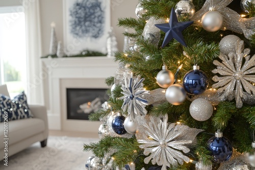 orned Close-Up Of A Christmas Tree In A Living Room With Natural Light Highlighting Festive Decorations On Pine Branches photo