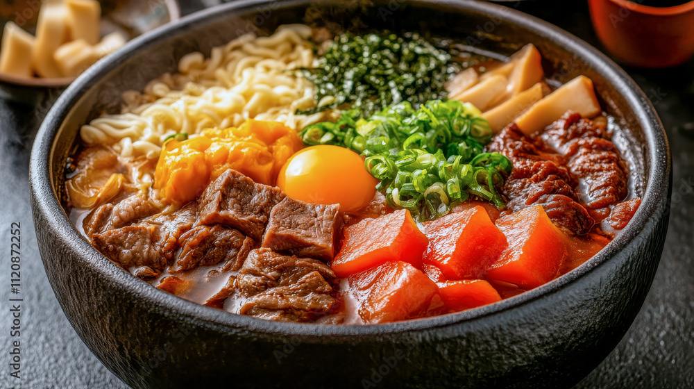 Steaming Korean stew with beef, egg, vegetables, and noodles offering rich and hearty flavors Steaming Korean stew with beef, egg, vegetables, and noodles offering rich and hearty flavors
