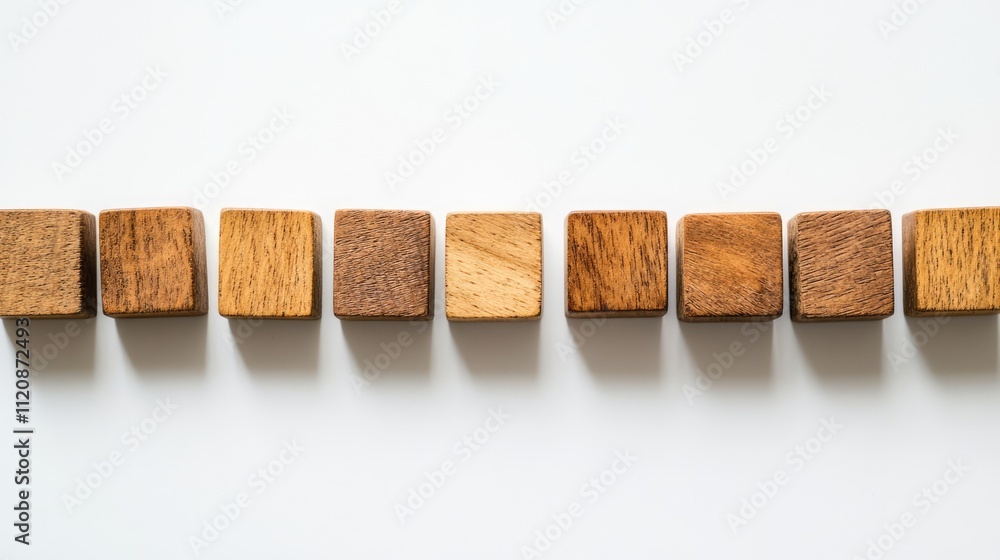 Wooden blocks arranged in a row on a white background, highlighting one block standing out, representing individuality and leadership in a business context, business, leadership, motivation. Wooden blocks arranged in a row on a white background, highlighting one block standing out, representing individuality and leadership in a business context, business, leadership, motivation.