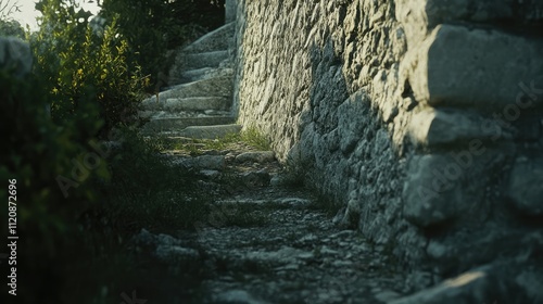 Ancient stone wall of monastery with pathway showcasing historical architecture ideal for backgrounds and immersive storytelling photo