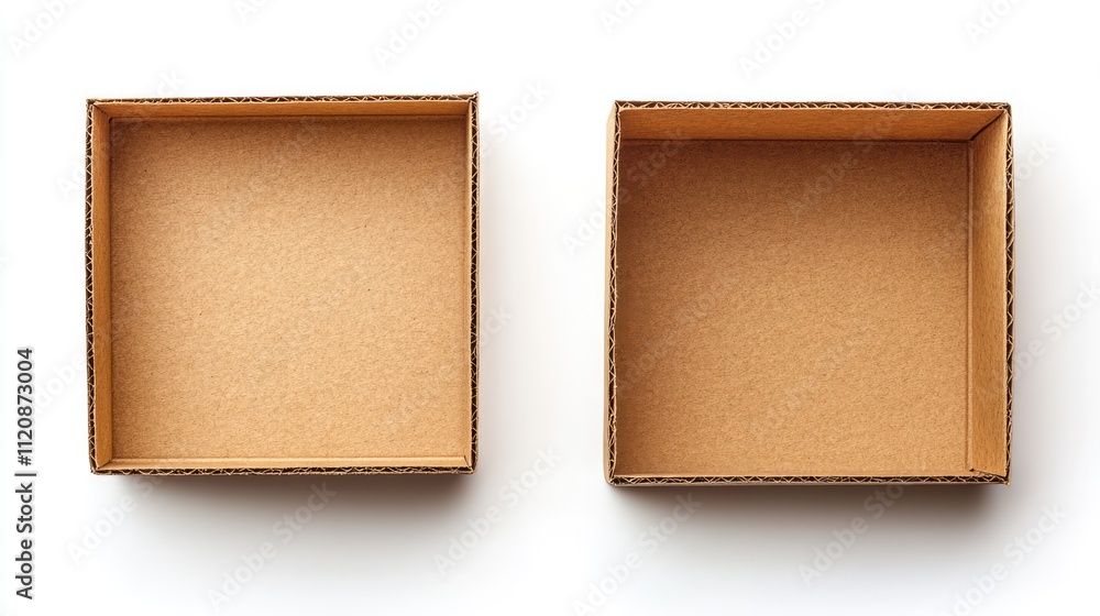Fototapeta premium Open empty brown cardboard boxes isolated on a clean white background, highlighting their square shape and textured interior, packaging, shipping supplies, minimalistic design.