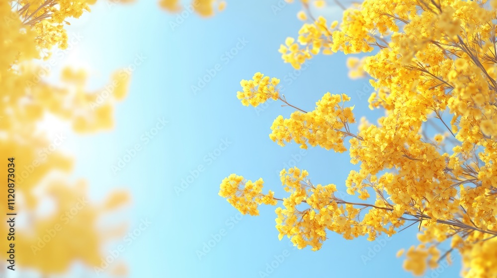 Spring wedding invitation design with vibrant yellow flowers against a clear blue sky creating a joyful and romantic atmosphere. Spring wedding invitation design with vibrant yellow flowers against a clear blue sky creating a joyful and romantic atmosphere.