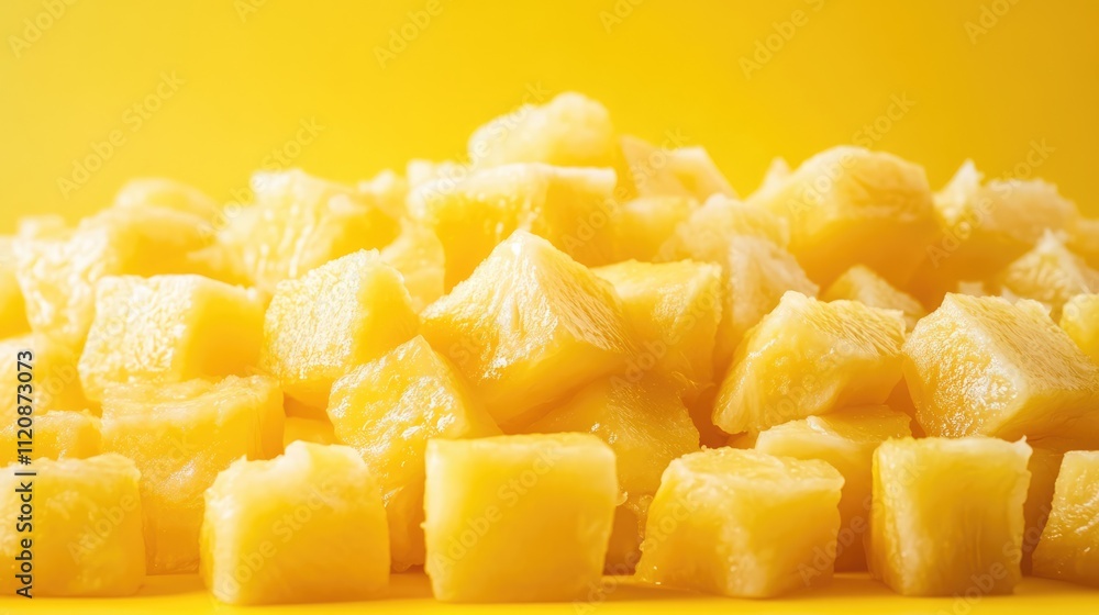 Diced pineapple chunks arranged on a vibrant yellow background, highlighting the fresh texture and juicy appearance, fruit, tropical, healthy eating, summertime. Diced pineapple chunks arranged on a vibrant yellow background, highlighting the fresh texture and juicy appearance, fruit, tropical, healthy eating, summertime.