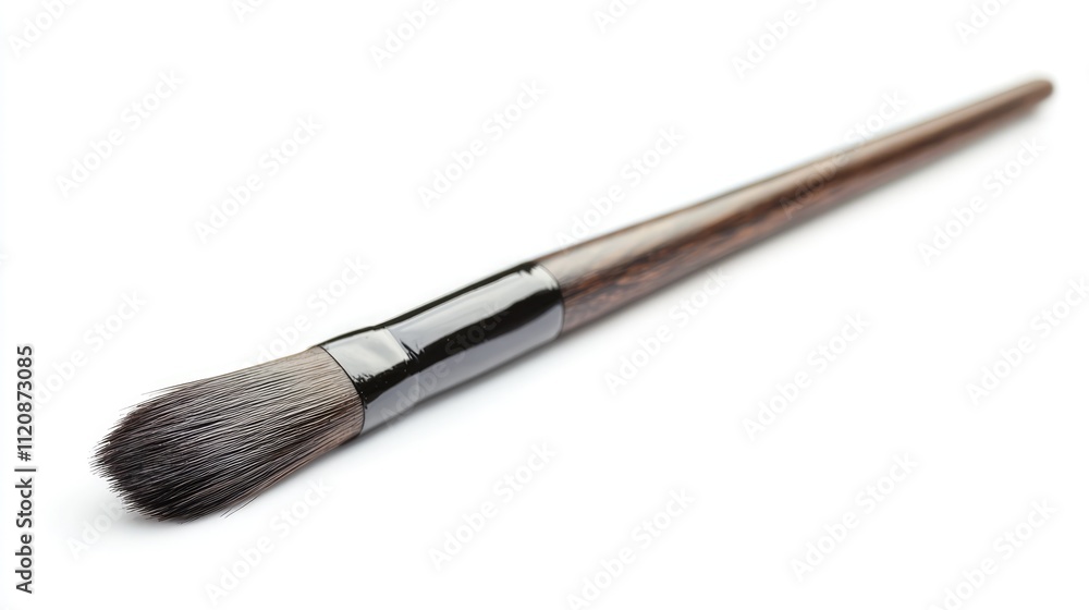 Paintbrush with soft bristles positioned diagonally against a clean white background, highlighting its wooden handle and fine tip, art supplies, creativity, tools for painting. Paintbrush with soft bristles positioned diagonally against a clean white background, highlighting its wooden handle and fine tip, art supplies, creativity, tools for painting.