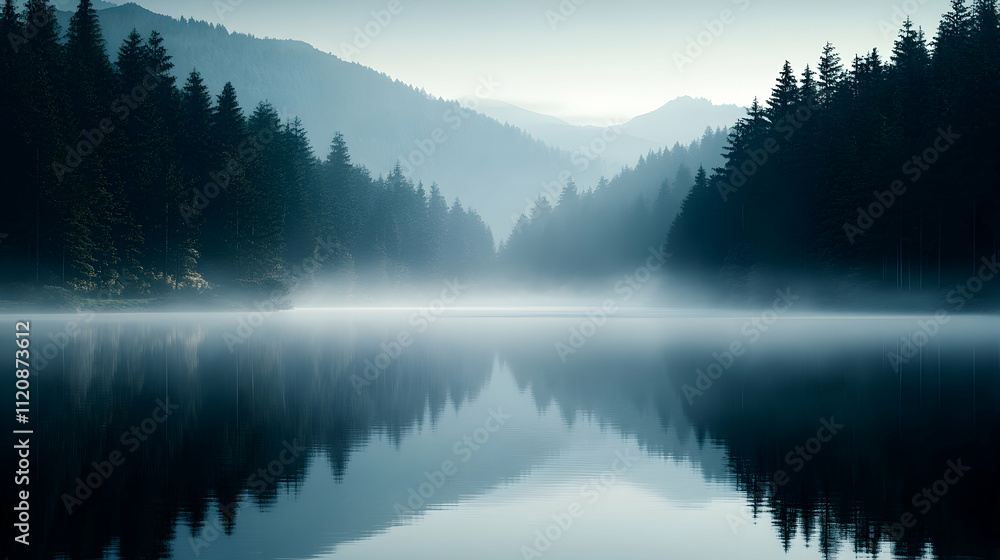 Fototapeta premium Serene misty lake reflecting mountains and forest at dawn.