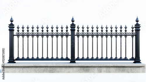 Elegant wrought iron fence with decorative elements and spikes displayed on a solid base perfect for outdoor architecture and landscaping projects