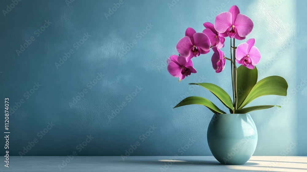 Vibrant pink orchid flowers with lush green leaves arranged in a simple turquoise vase, set against a soft blue wall, ideal for home decor, interior design, floral arrangement. Vibrant pink orchid flowers with lush green leaves arranged in a simple turquoise vase, set against a soft blue wall, ideal for home decor, interior design, floral arrangement.