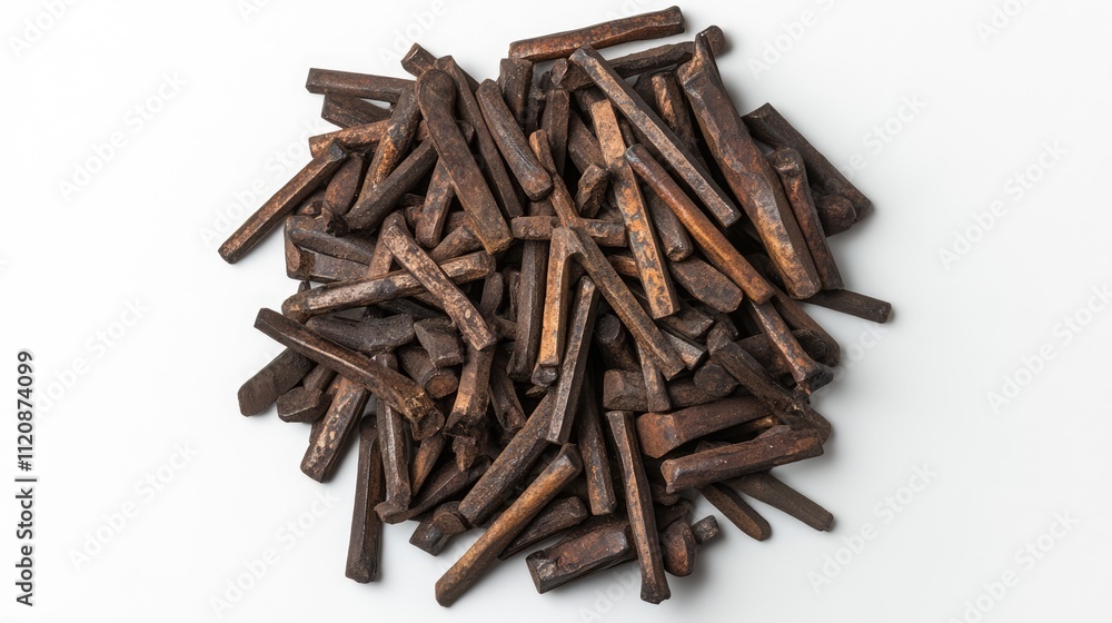 Rusty metal nails arranged in a chaotic pile on a clean white background, showcasing texture and old craftsmanship from above. Rusty metal nails arranged in a chaotic pile on a clean white background, showcasing texture and old craftsmanship from above.