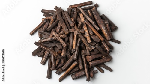 Wallpaper Mural Rusty metal nails arranged in a chaotic pile on a clean white background, showcasing texture and old craftsmanship from above. Torontodigital.ca