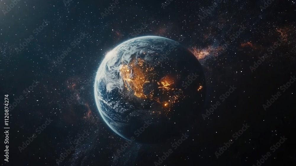 Fototapeta premium Panoramic view of Earth illuminated by city lights against a backdrop of stars and galaxies depicting the beauty of space exploration