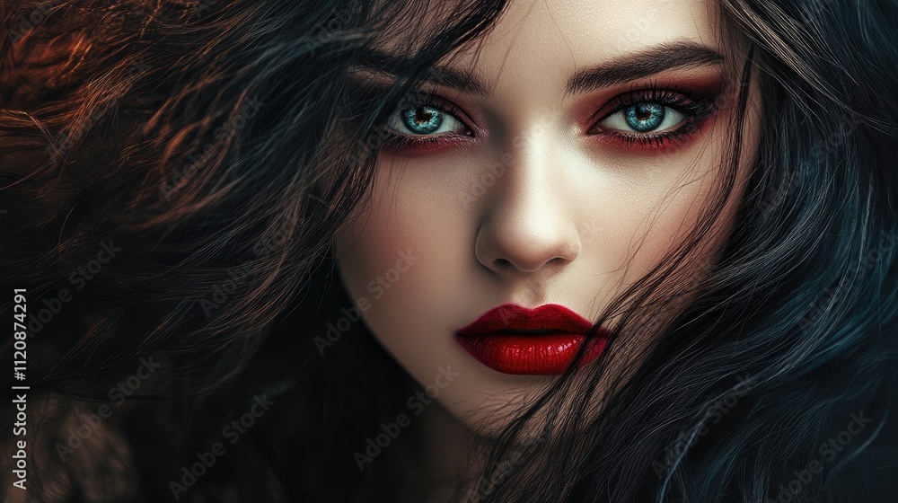 Fototapeta premium Enchanting vampire beauty portrait of a stunning brunette woman with striking blue eyes and dramatic makeup in a dark, atmospheric setting
