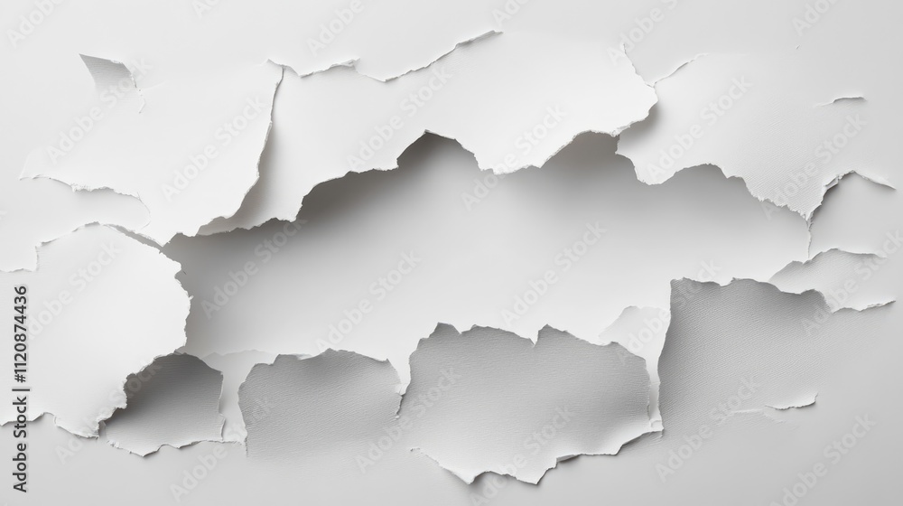 Fototapeta premium Torn white paper texture with ragged edges on a plain background for creative design and artistic projects