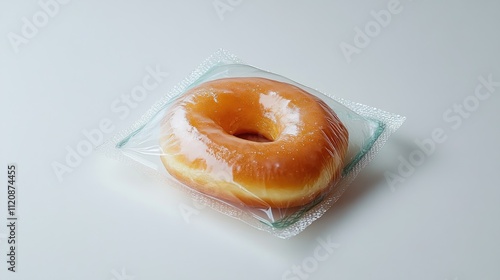 Single glazed donut in clear plastic packaging on white background.