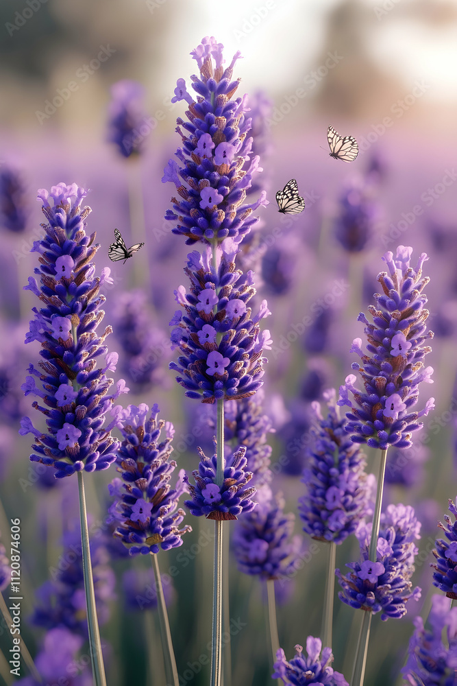 Naklejka premium Close-up of lavender flowers with butterflies.