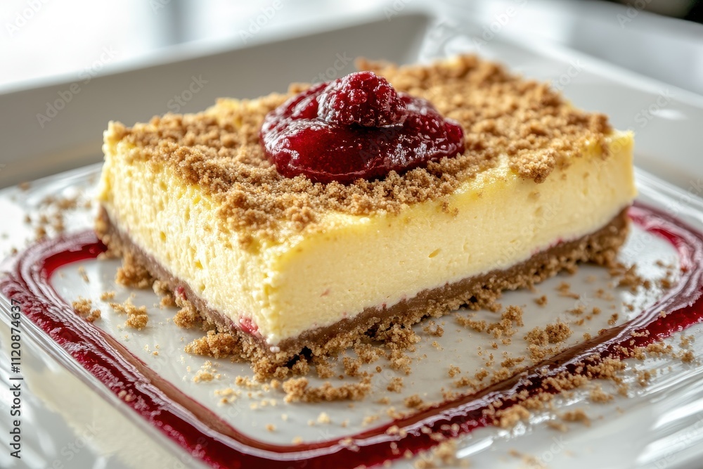 A rectangular slice of cheesecake with a crumbly base topped with a layer of lemon curd A rectangular slice of cheesecake with a crumbly base topped with a layer of lemon curd