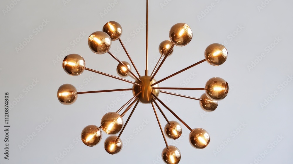 Obraz premium Modern copper chandelier with bubble metal design and gold brass shades providing elegant lighting for contemporary interiors