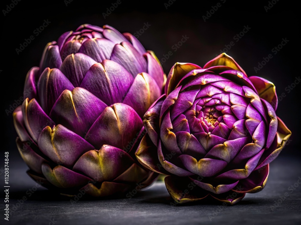 Fototapeta premium Purple Artichoke Still Life Fashion Photography - Black Background, Elegant Food Styling