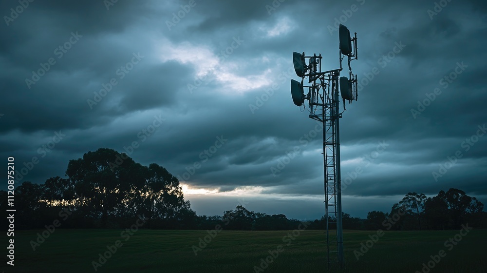 Dramatic Sky Over Rural Cell Tower with Communication Antennas in a Community Landscape at Dusk Dramatic Sky Over Rural Cell Tower with Communication Antennas in a Community Landscape at Dusk