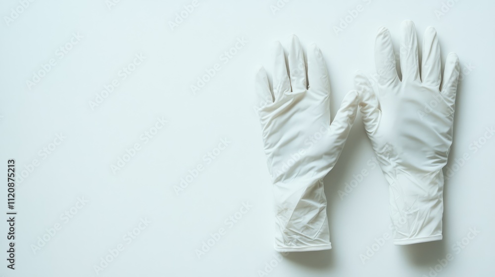 White disposable gloves arranged on a clean white background with ample copy space for industrial or DIY concepts, hygiene, safety equipment, professional use, minimalistic design. White disposable gloves arranged on a clean white background with ample copy space for industrial or DIY concepts, hygiene, safety equipment, professional use, minimalistic design.