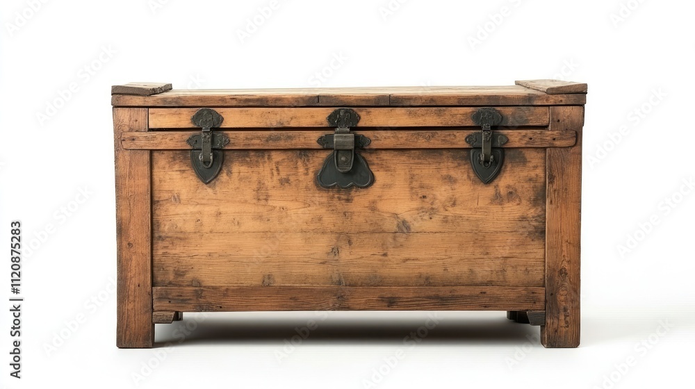 Antique wooden chest with metal hardware closed and isolated on white background perfect for vintage decor or storage solutions Antique wooden chest with metal hardware closed and isolated on white background perfect for vintage decor or storage solutions