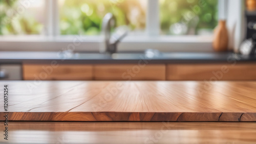 beautiful abstract nature, Wood table top on blur kitchen counter in morning background.