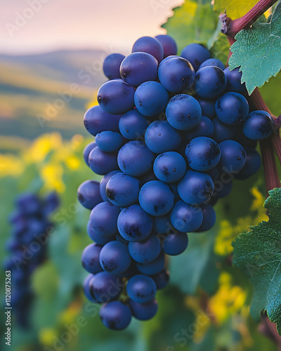 Ripe dark purple grapes hanging on vine in vineyard at sunset. photo