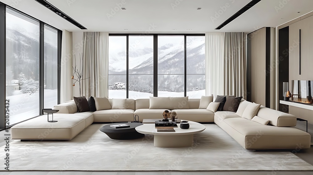 A chic minimalist living room with a low-profile sectional sofa in soft beige, smooth white walls, and large glass panels offering a panoramic view of snowy mountains. A chic minimalist living room with a low-profile sectional sofa in soft beige, smooth white walls, and large glass panels offering a panoramic view of snowy mountains.