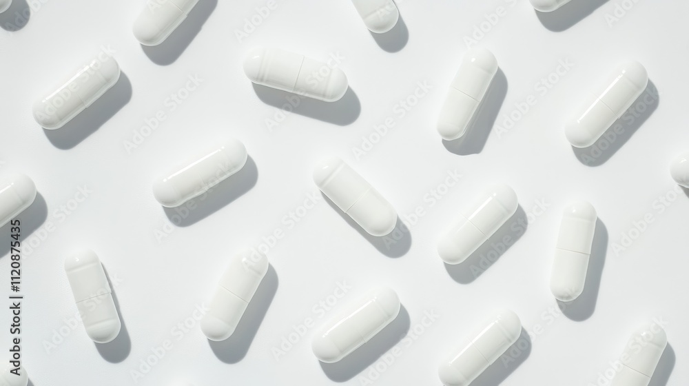 White medication capsules arranged on a clean white background showcasing pharmaceutical products in a minimalistic design. White medication capsules arranged on a clean white background showcasing pharmaceutical products in a minimalistic design.