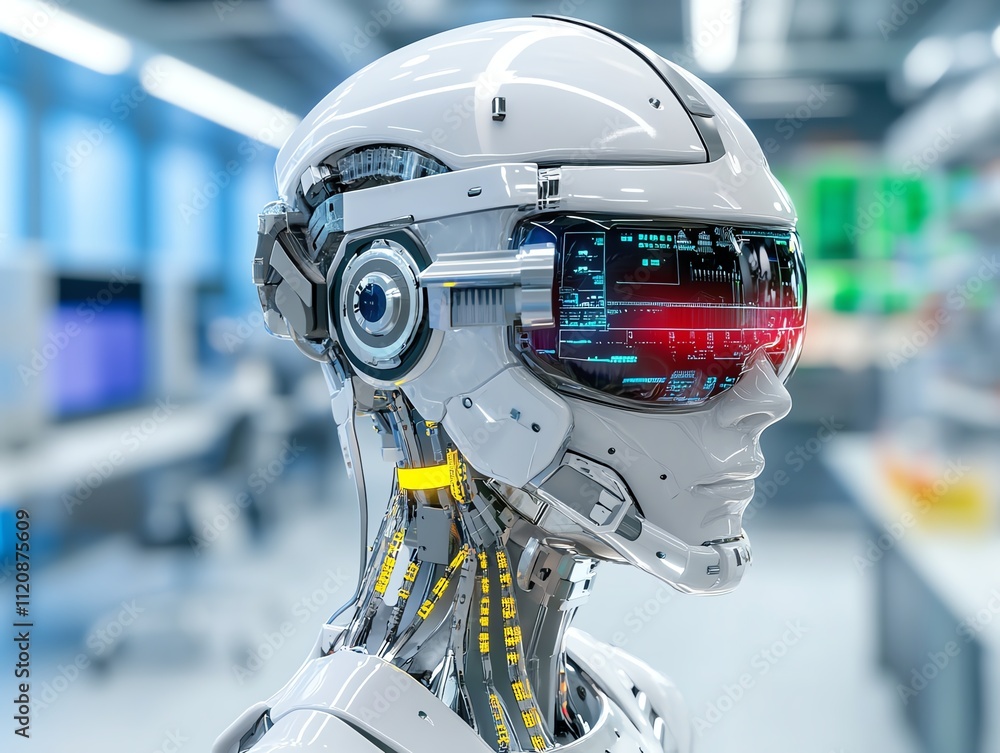 Futuristic robot with advanced technology in a modern lab environment. Futuristic robot with advanced technology in a modern lab environment.