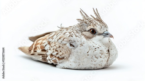 Polish lynx dove resting in profile against a clean white background, featuring detailed plumage textures and natural colors, wildlife, avian beauty, nature photography.