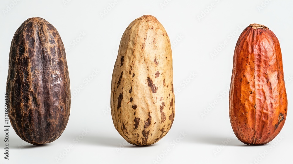 Peanuts displayed in a row against a clean white background, highlighting textures and colors of different varieties, food, nutrition, organic, healthy snacks. Peanuts displayed in a row against a clean white background, highlighting textures and colors of different varieties, food, nutrition, organic, healthy snacks.